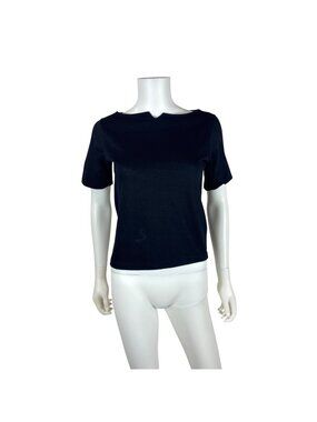 Vintage 60s Cotton Tee Womens XS Black Notched Boatneck Cuffed Short Sleeve